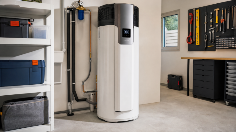Chauffe-eau thermodynamique moderne installé dans un garage propre avec pompe à chaleur intégrée