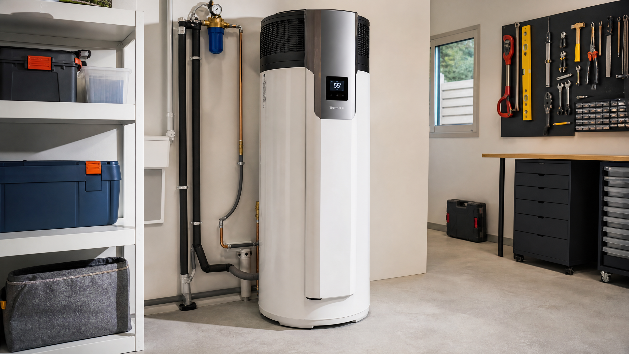 Chauffe-eau thermodynamique moderne installé dans un garage propre avec pompe à chaleur intégrée