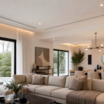 Salon moderne avec climatisation gainable invisible - grilles de soufflage discrètes au plafond