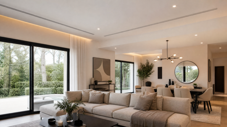 Salon moderne avec climatisation gainable invisible - grilles de soufflage discrètes au plafond