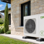 Pompe à chaleur air-eau moderne installée devant une maison en Île-de-France avec aides financières