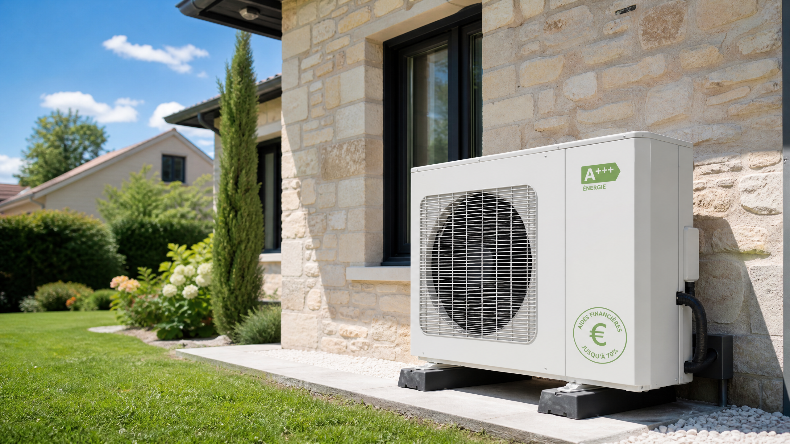 Pompe à chaleur air-eau moderne installée devant une maison en Île-de-France avec aides financières