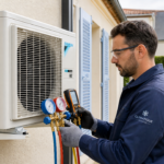 Technicien professionnel effectuant le dépannage d'une unité extérieure de climatisation avec manomètres