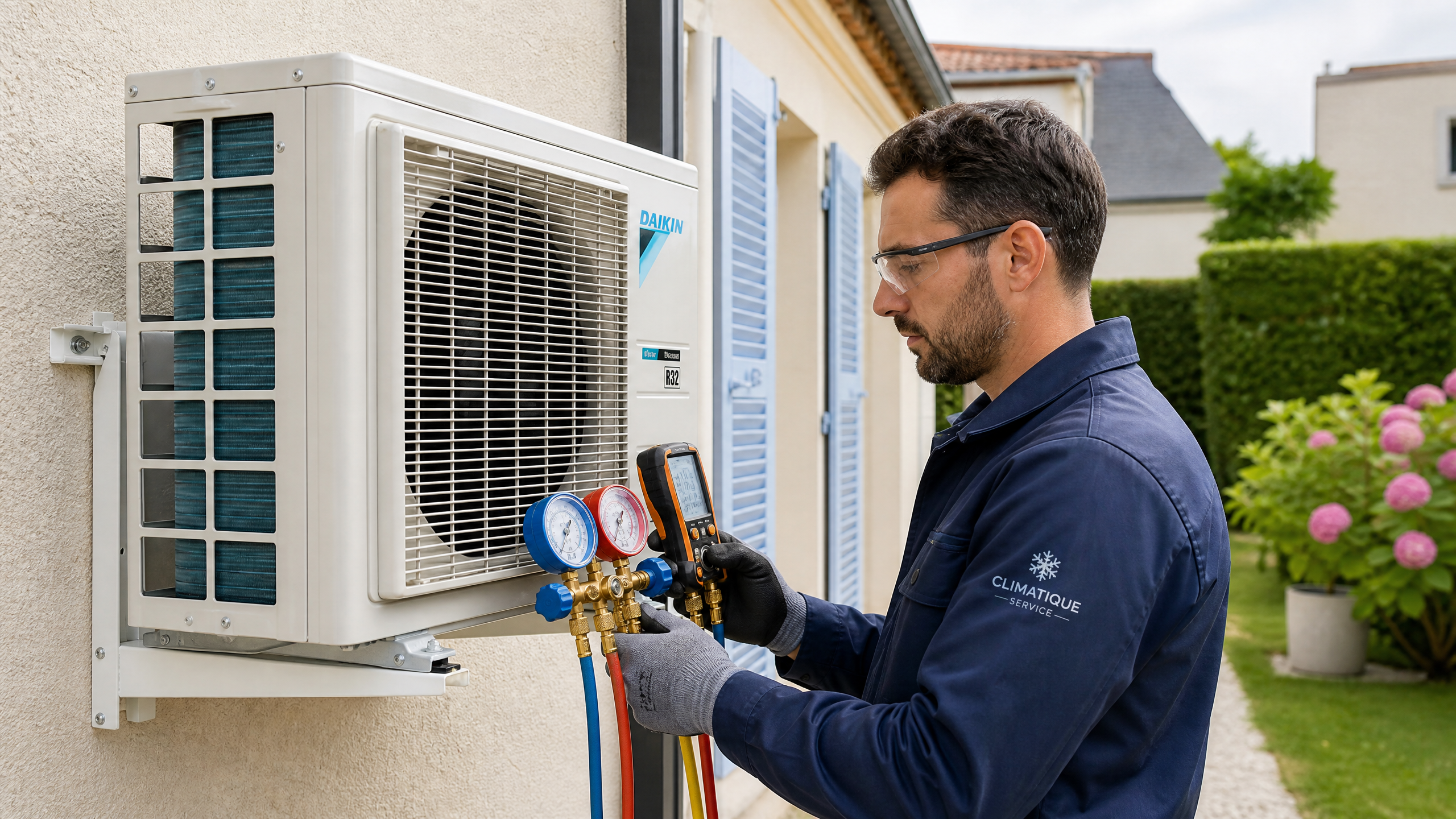 Technicien professionnel effectuant le dépannage d'une unité extérieure de climatisation avec manomètres