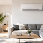 Salon moderne avec unité intérieure de pompe à chaleur air-air murale - climatisation réversible élégante