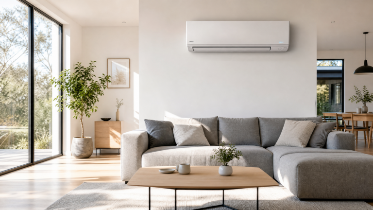 Salon moderne avec unité intérieure de pompe à chaleur air-air murale - climatisation réversible élégante