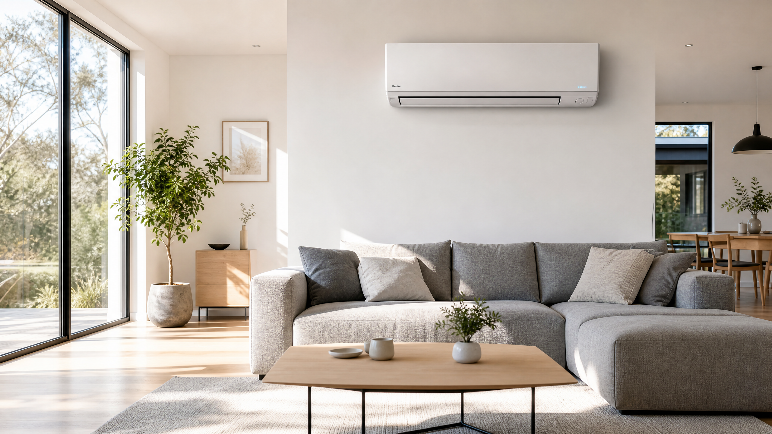 Salon moderne avec unité intérieure de pompe à chaleur air-air murale - climatisation réversible élégante